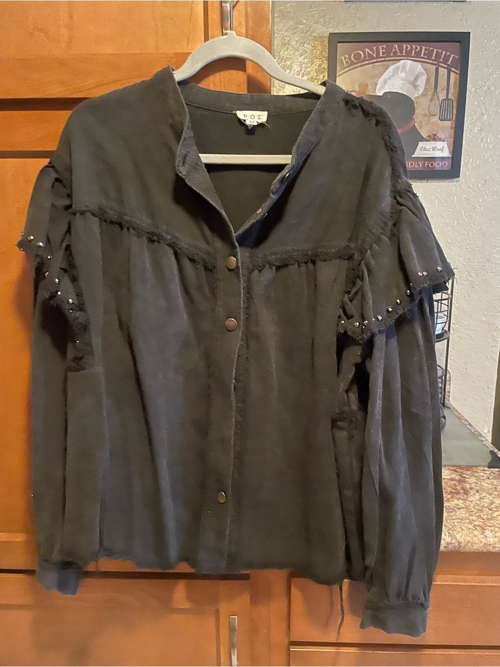 POL Black Ruffle-Trim Snap Button Shirt